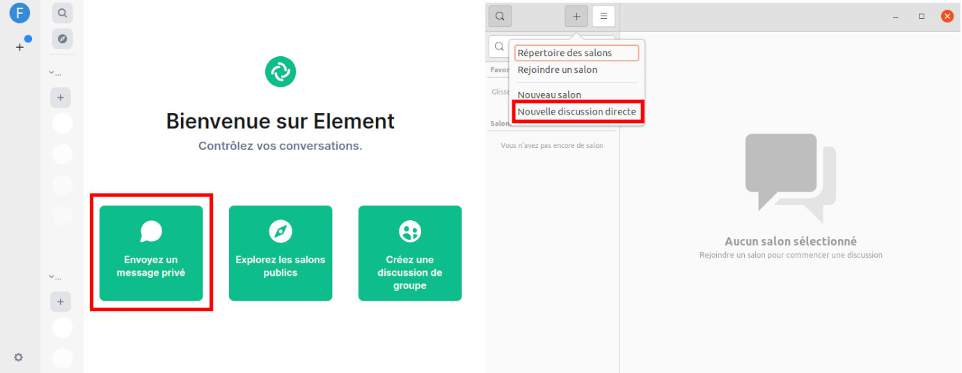 Figure 24: Envoyer un message privé avec le logiciel « Element » (à gauche) et « Fractal » (à droite).