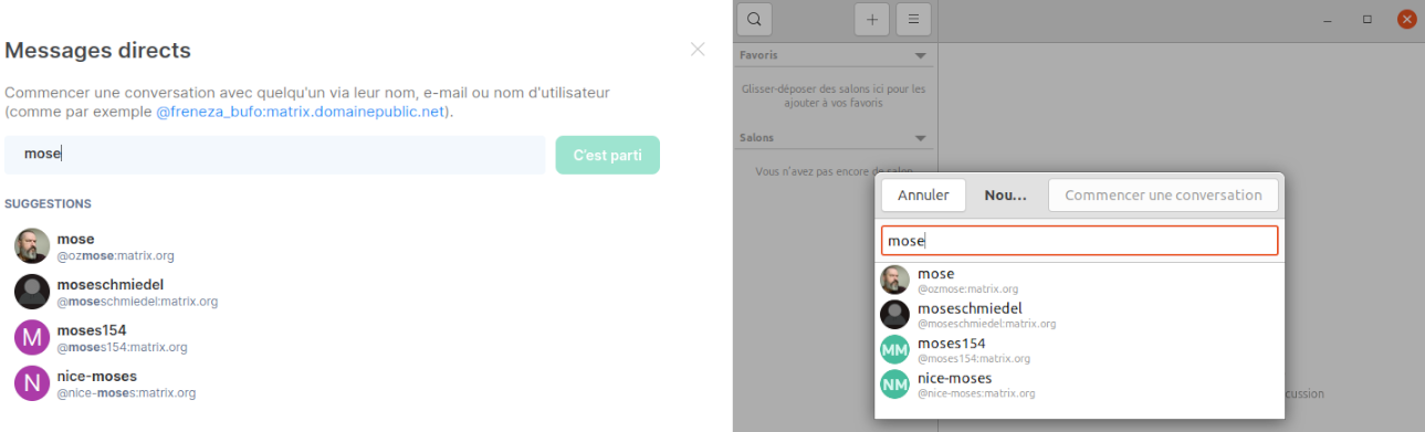 Figure 25: Envoyer un message privé avec le logiciel « Element » (à gauche) et « Fractal » (à droite).