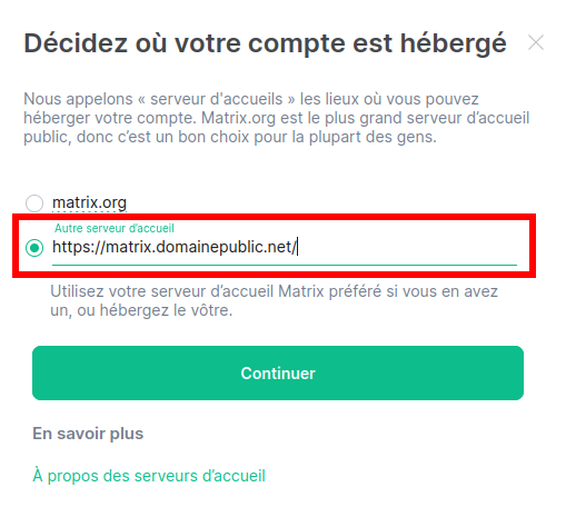 Figure 16: Choix du serveur lors de la création d’un compte